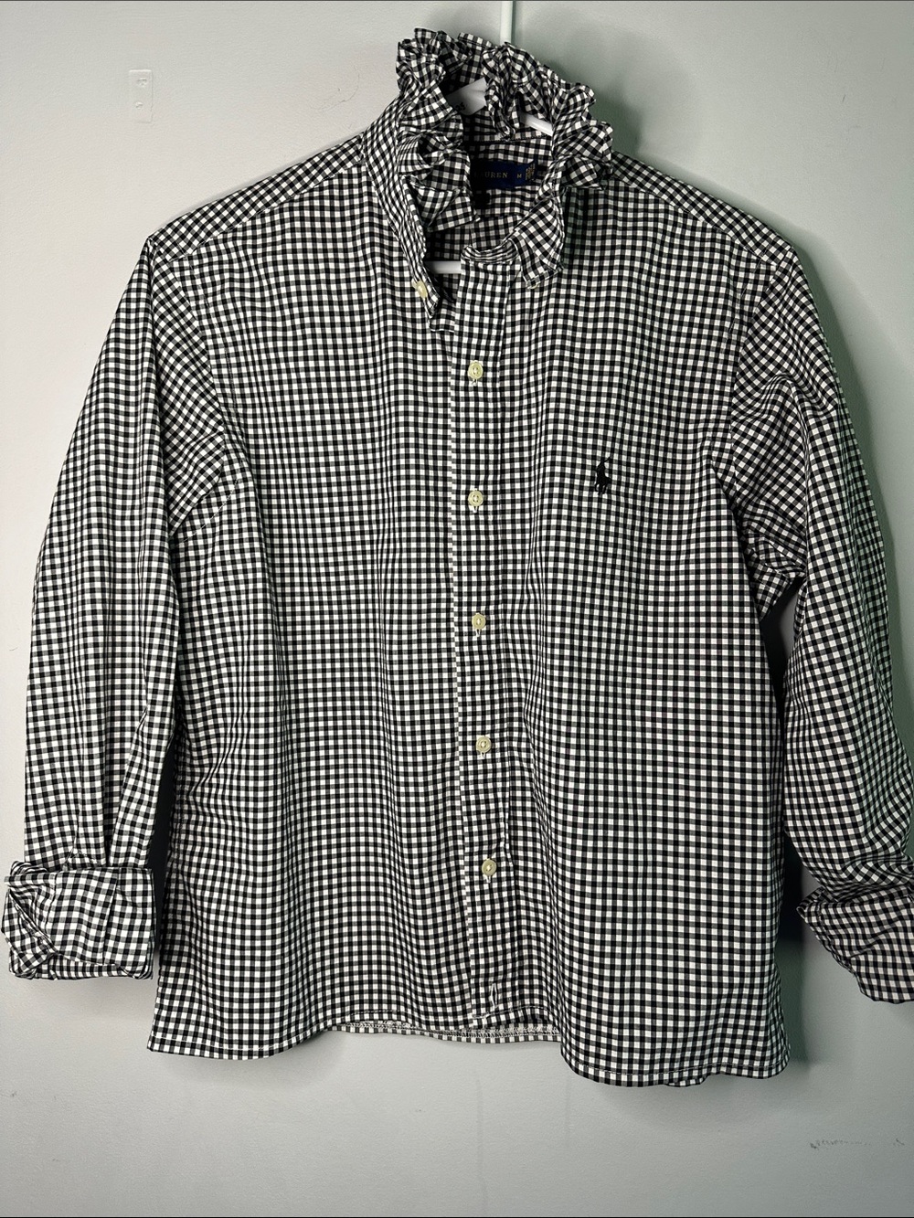 Ralph Lauren Black & White Gingham Button-Down Ruffled collar Shirt